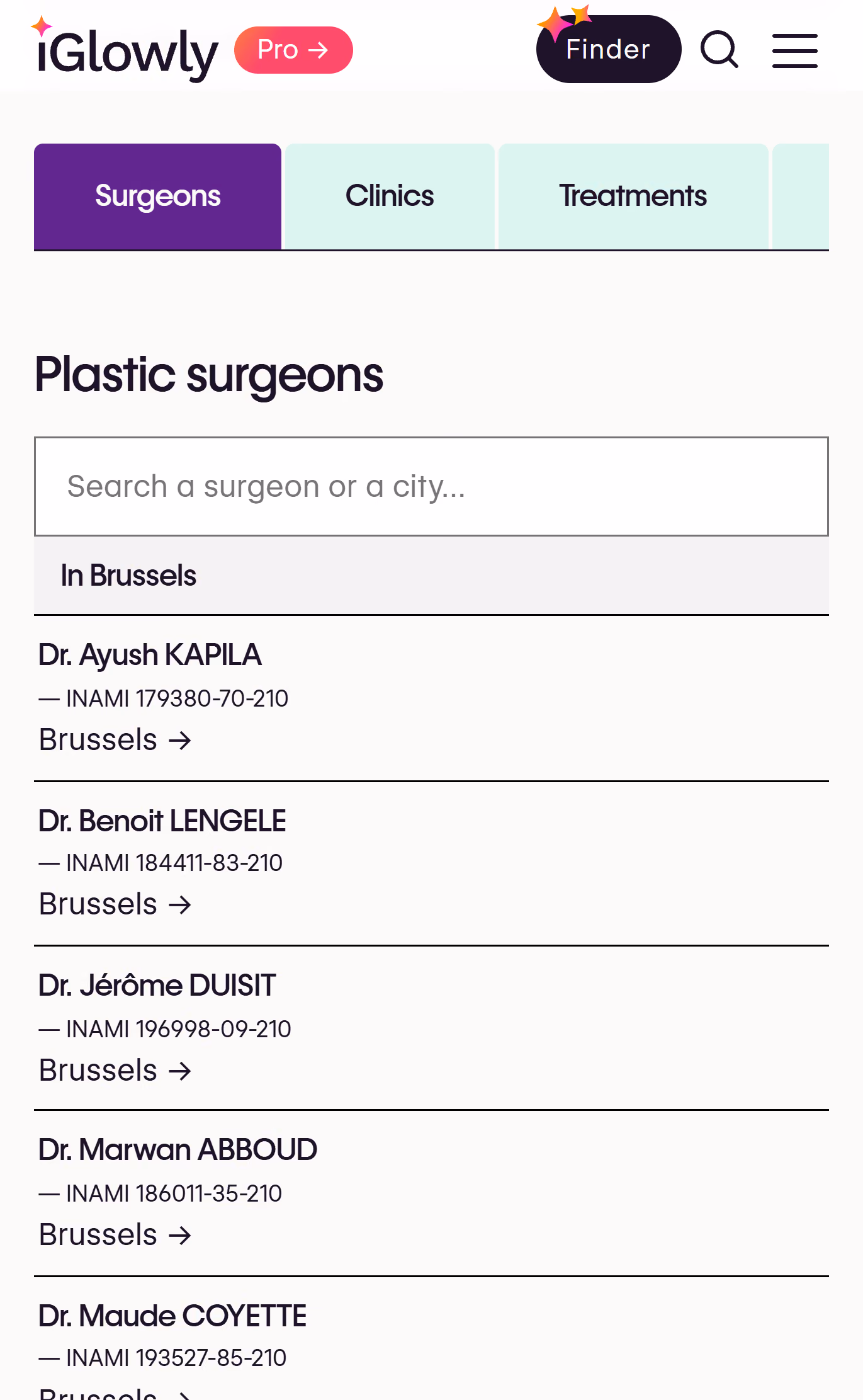 iGlowly plastic surgeon directory on mobile