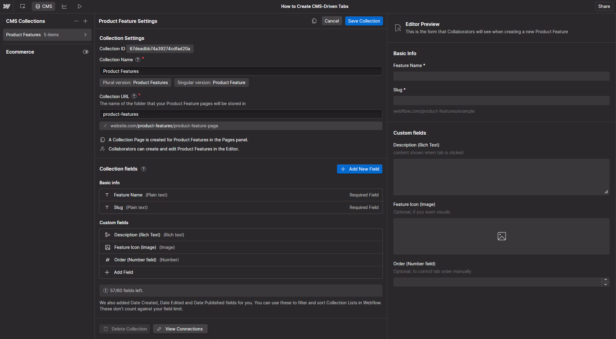 Product Features collection fields